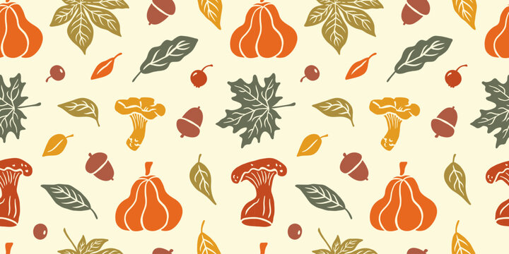 Autumn cozy hand drawn seamless pattern. Silhouette fall leaves, pumpkin, mushroom, leaf maple, berry, acorn. Thanksgiving day. Autumn vintage trendy print. Vector illustration for wrapping paper.
