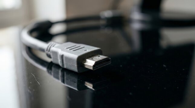 A close-up shot of an unplugged hdmi cable resting on a glossy black surface with a soft reflection underneath, highlighting the metallic connector and dark textured plastic housing