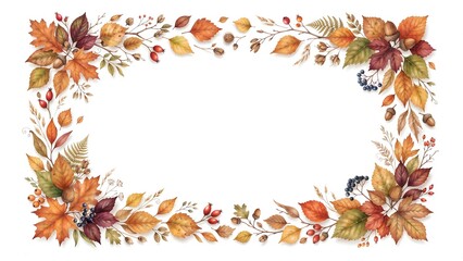 Fototapeta premium Watercolor autumn fall leaves rectangular frame border with acorns berries and branches on white background