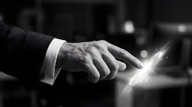 Businessman touching a glowing light with his index finger in a dark room