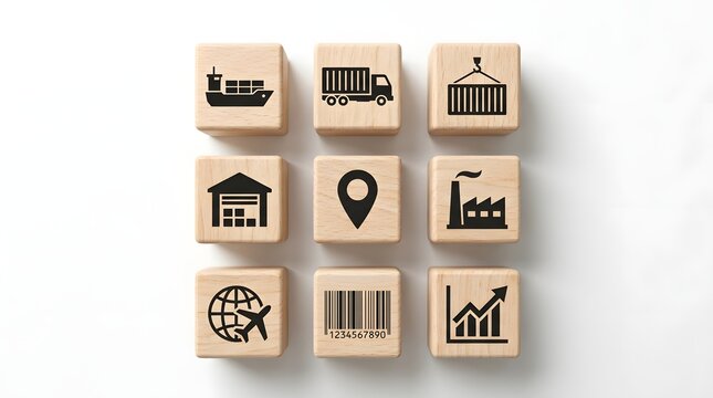 Logistics and supply chain concept with wooden block icons on white background
