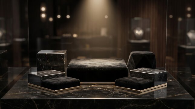 Luxury jewelry display stands made of black marble and velvet on a dark reflective surface in a dimly lit retail store environment