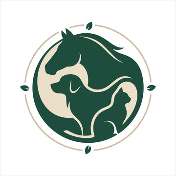 Green veterinary logo design featuring horse dog and cat silhouettes inside a circular frame horse silhouette animal care circular badge identity