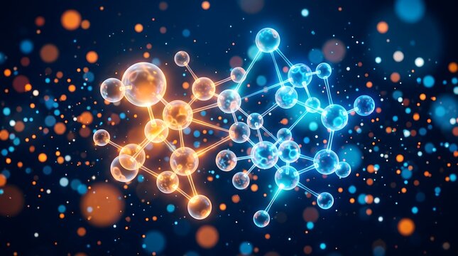 Molecular structure with glowing blue and orange atoms and bonds on a dark background with colorful bokeh lights