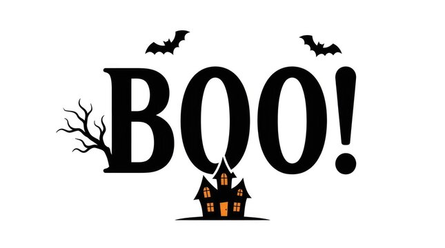 Scary halloween boo text with haunted house and bats