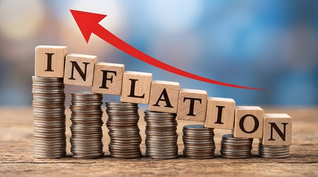 Declining inflation rate concept wooden blocks and coin stacks illustrate economic downturn