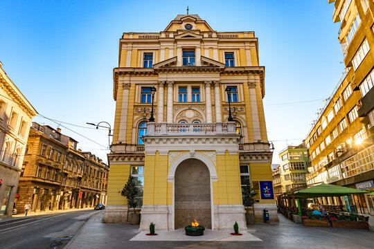 Sarajevo, Bosnia and Herzegovina - August 10, 2026: Eternal Flame Monument, Sarajevo, Bosnia and Herzegovina. Locals and Tourists continuously walk past the war memorial Vječna vatra 