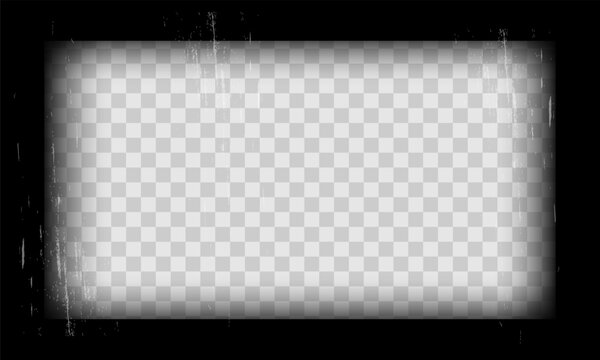 Retro cinematic frame, cinema screen film border. Blank film strip with empty space overlay. Horizontal tape border, grunge textured silhouette. Video photo reel on transparent background 
