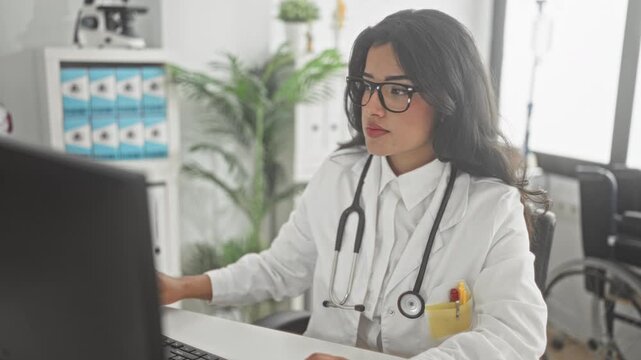 Woman doctor wearing glasses and a white coat types at a computer keyboard with hands on keys and stethoscope visible in clinic building office with wheelchair and filing cabinet; focused care.