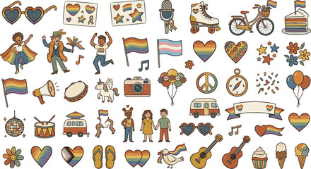 Obraz premium Retro LGBTQ Pride Sticker Set with Vintage Rainbow Flags, Cute Characters, and Parade Celebration Elements for Creative Crafts, Planners, and Digital Media Designs