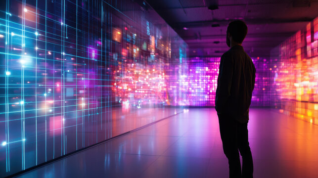 Person stands in front of vibrant digital installation, surrounded by colorful lights and patterns, evoking sense of wonder and exploration
