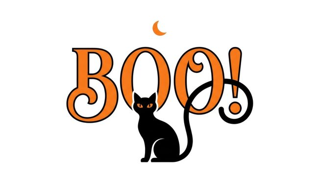 Black cat with spooky orange boo text