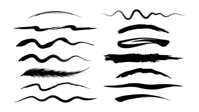 Collection of hand-drawn black ink brush strokes, artistic paint lines, and textured scribbles for isolated on a white background, for editing