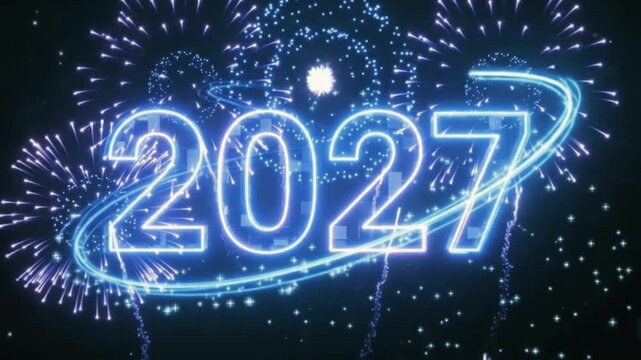 Futuristic New Year 2027 Celebration Animation with Bright Blue Glowing Numbers, Exploding Fireworks, Sparkling Light Particles and Elegant Dark Background