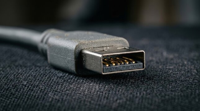 A close up view of an unplugged usb cable connector resting on a dark textured fabric surface, highlighting the metallic pins and dusty plastic casing in macro detail
