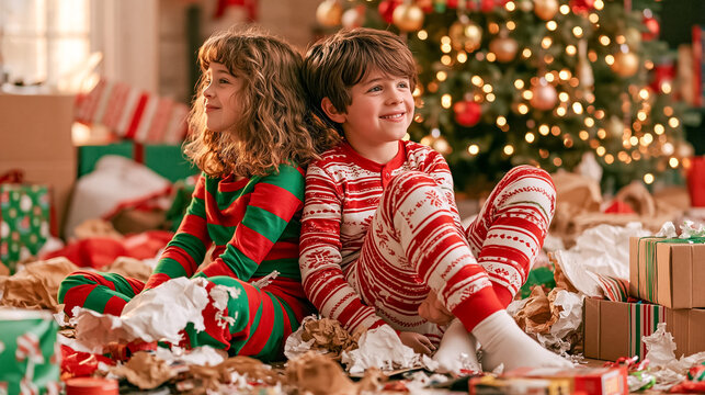 Children in Pajamas Surrounded by Torn Wrapping Paper