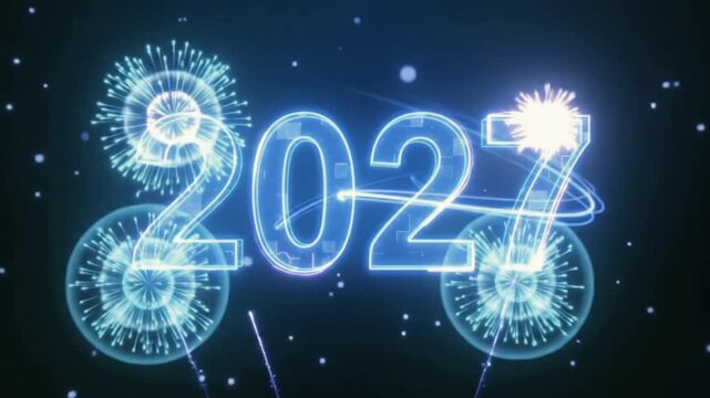 Futuristic Happy New Year 2027 Animation with Glowing Blue Neon Numbers, Abstract Light Rings, Sparkling Particles and Modern Digital Celebration Background