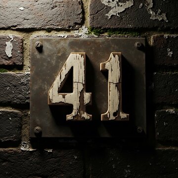 Vintage metal house number forty one mounted on a dark weathered brick wall
