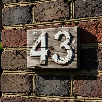 Number 43 house address sign on a rustic weathered brick wall
