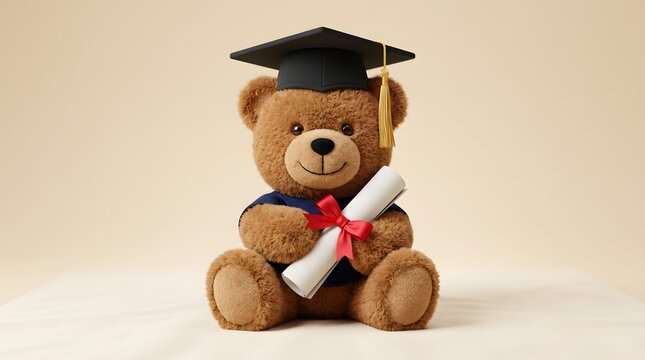 Cute teddy bear wearing a graduation cap and holding a diploma