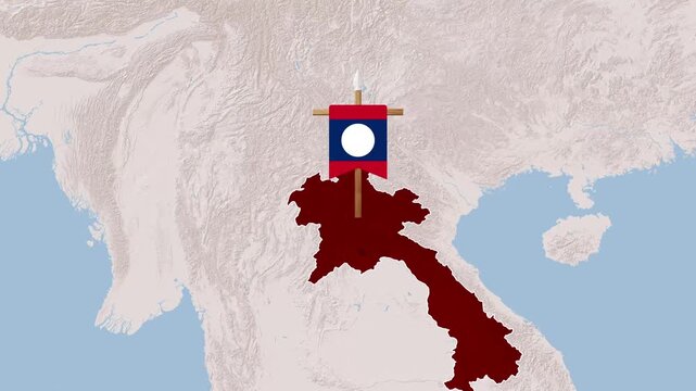 Laos national flag animation pinned on digital topographic map footage