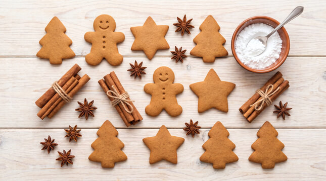 Christmas gingerbread cookies grid with cinnamon and anise