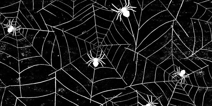 Spooky spider web pattern on black background, white cobweb texture with spiders, gothic halloween background for invitations