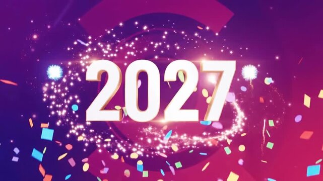 Stylish Happy New Year 2027 Celebration Animation with Bright White 3D Numbers, Colorful Confetti, Sparkling Particles and Festive Purple Pink Background