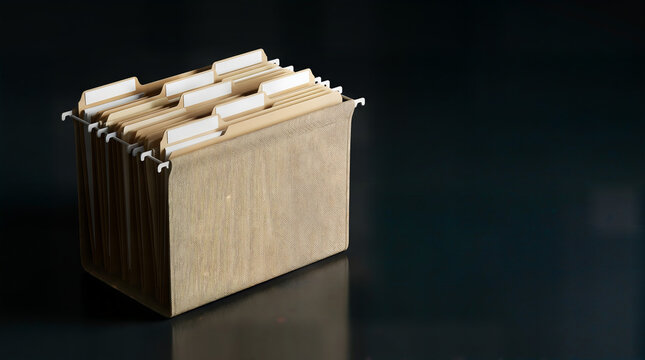Professional hanging file folder box with manila folders and blank white labels on a dark reflective surface for office document management.