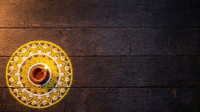 Traditional Diwali diya on yellow rangoli, glowing clay lamp on dark wooden background, festive Indian celebration banner with copy space