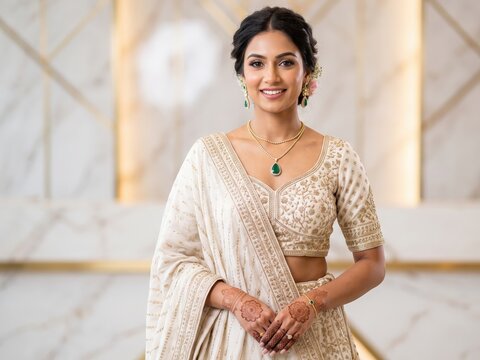 Modern Indian Bride Wearing Minimal Gold Jewelry &ndash; Luxury Bridal Portrait