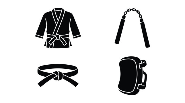 Martial arts equipment silhouettes on a white background