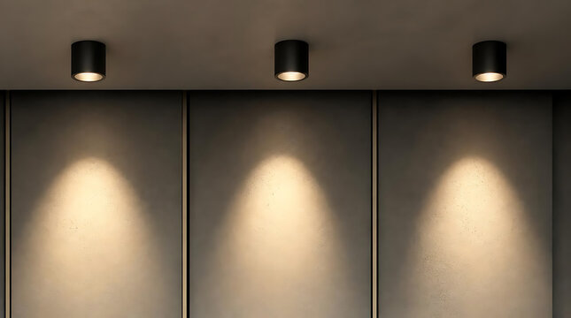 Modern ceiling spotlights illuminating gray wall panels.