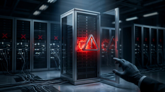 Gloved hand reaching for an open server rack with a glowing red warning sign in a dark data center, representing a critical system failure, security breach, or cyber attack concept.