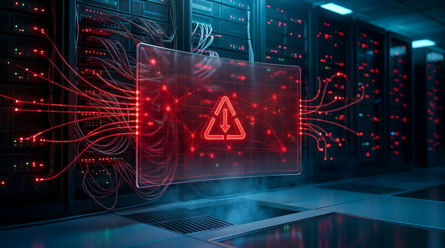 Futuristic server room data center with glowing red warning alert icon on virtual interface, representing cybersecurity threat, system failure, or network breach in a high-tech environment.