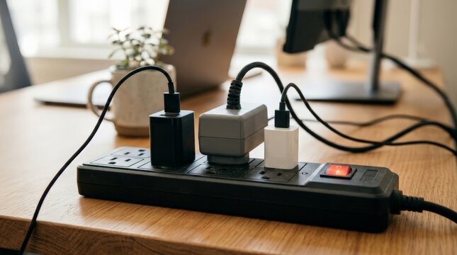A close up view of a black power strip resting on a wooden desk with connected chargers, capturing an unplugged lifestyle concept where digital devices are temporarily disconnected