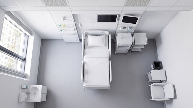 Modern Empty Hospital Room with Bed Top Down View