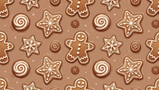 Seamless gingerbread cookie pattern background with icing star, gingerbread man, and swirl biscuit. Cute Christmas holiday illustration