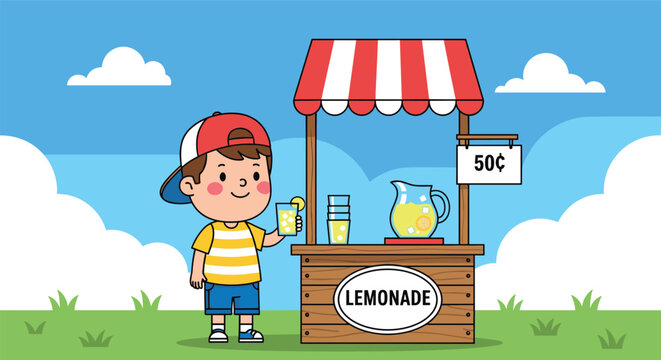 Cartoon vector illustration of lemonade stand with child, pitcher, and glasses, symbolizing summer refreshment, childhood entrepreneurship, outdoor fun, and seasonal lifestyle.