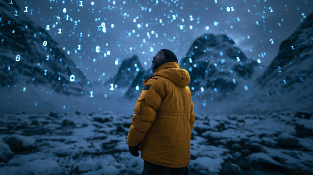Man Looking at Glowing Binary Code in Snowy Mountains