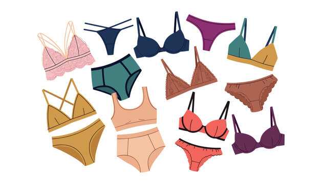 Fashion collection of women underwear lace bras and panties vector illustration elements isolated on white background