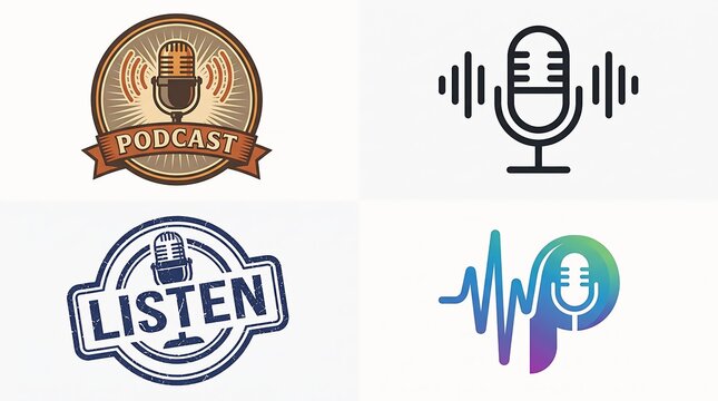Vintage and modern microphone logos with sound waves for podcasting and audio recording concept isolated on white background