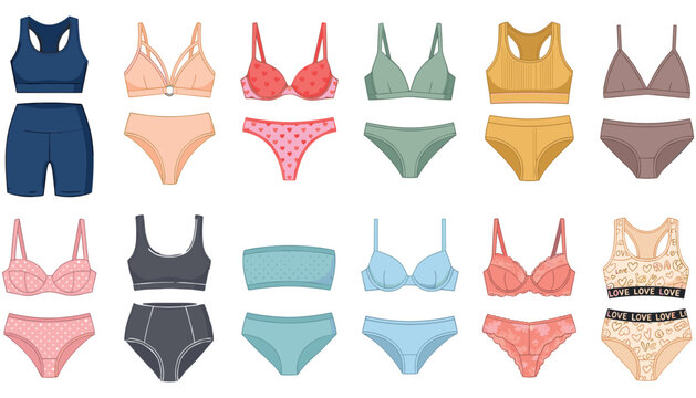 Comprehensive vector illustration collection of women underwear lingerie bras and panties sets isolated on a white background