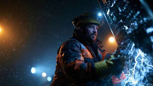 Lineman Repairing Electrical Equipment in Winter Storm at Night