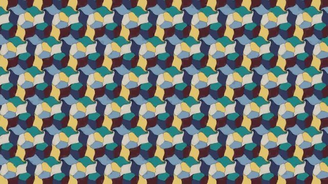 Interlocking Tessellation Trading Colors Around Every Rotation Center, Geometric Motion Background Seamless Loop in deep indigo tones