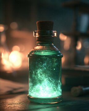 Glowing magic potion in glass bottle on dark wooden table. Laboratory research and Halloween concept