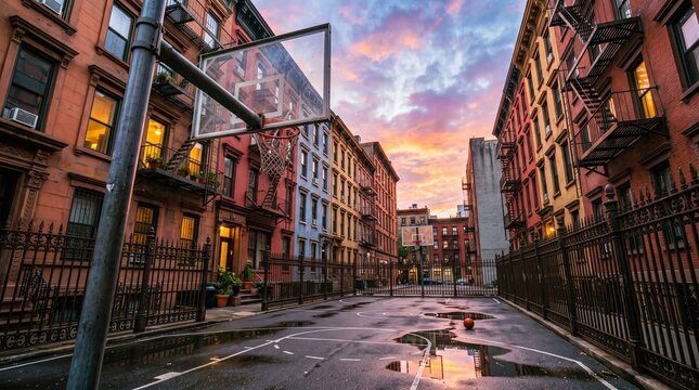 Urban Basketball Court Between City Brownstone Buildings at Sunset