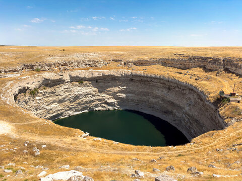 Kizoren Sinkhole lake in arid Karatay landscape near Konya, Turkey.