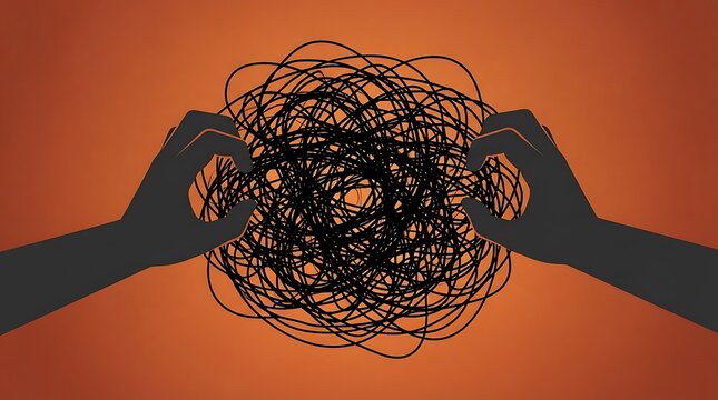 Conceptual illustration of hands trying to untangle a complex messy black scribble.