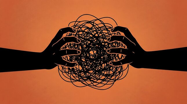 Conceptual illustration of two hands holding a complex tangled mess of black scribbles.